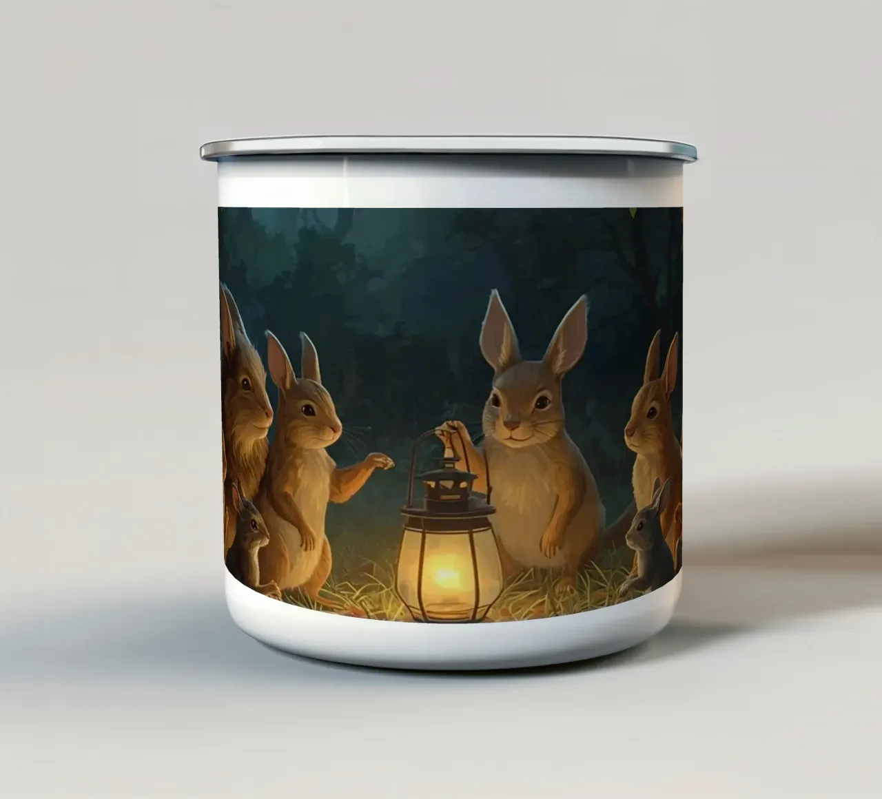 Rabbits and Squirrels Around Lantern For Story Time enamel mug by DesignDoodle
