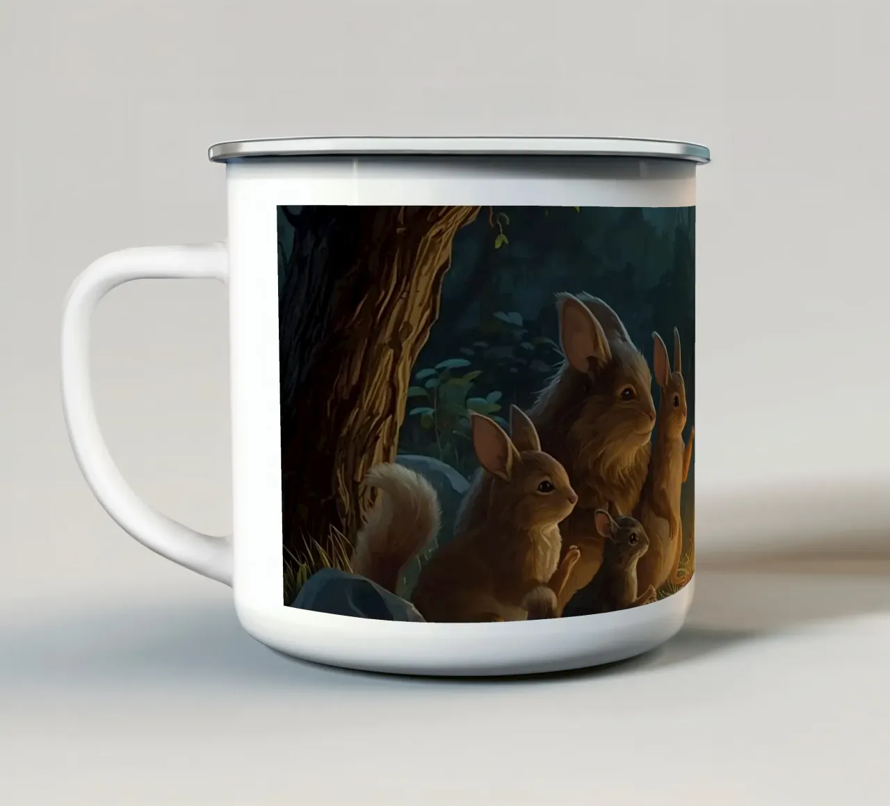 Rabbits and Squirrels Around Lantern For Story Time enamel mug by DesignDoodle