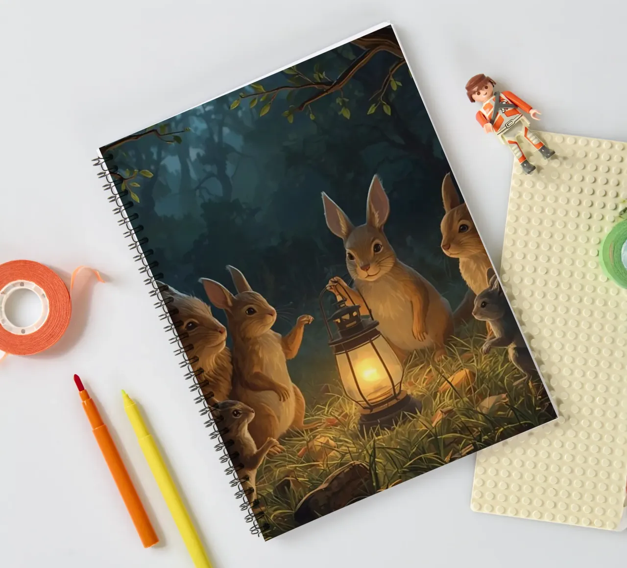 Rabbits and Squirrels Around Lantern For Story Time spiral notebook by DesignDoodle