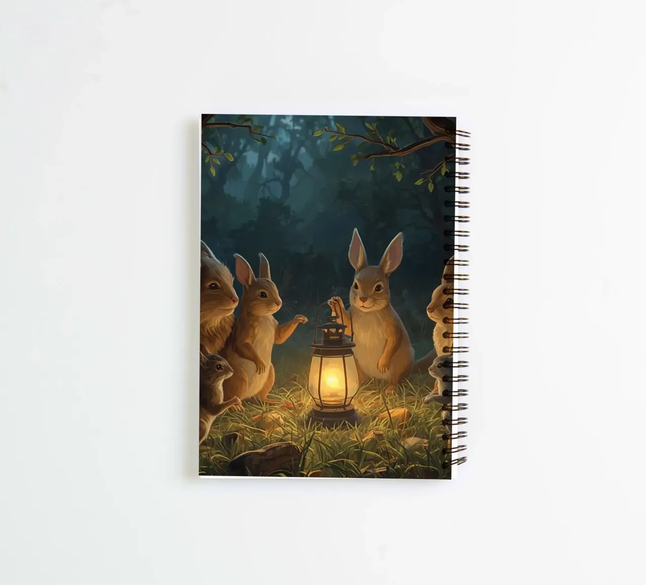 Rabbits and Squirrels Around Lantern For Story Time spiral notebook by DesignDoodle