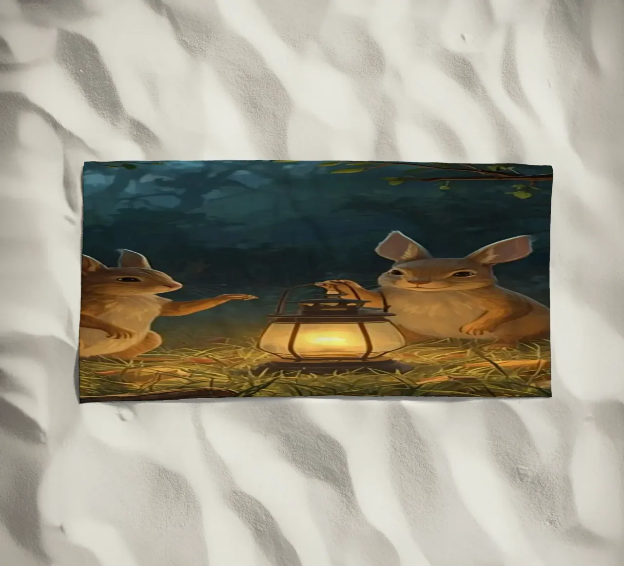 Rabbits and Squirrels Around Lantern For Story Time beach towel by DesignDoodle
