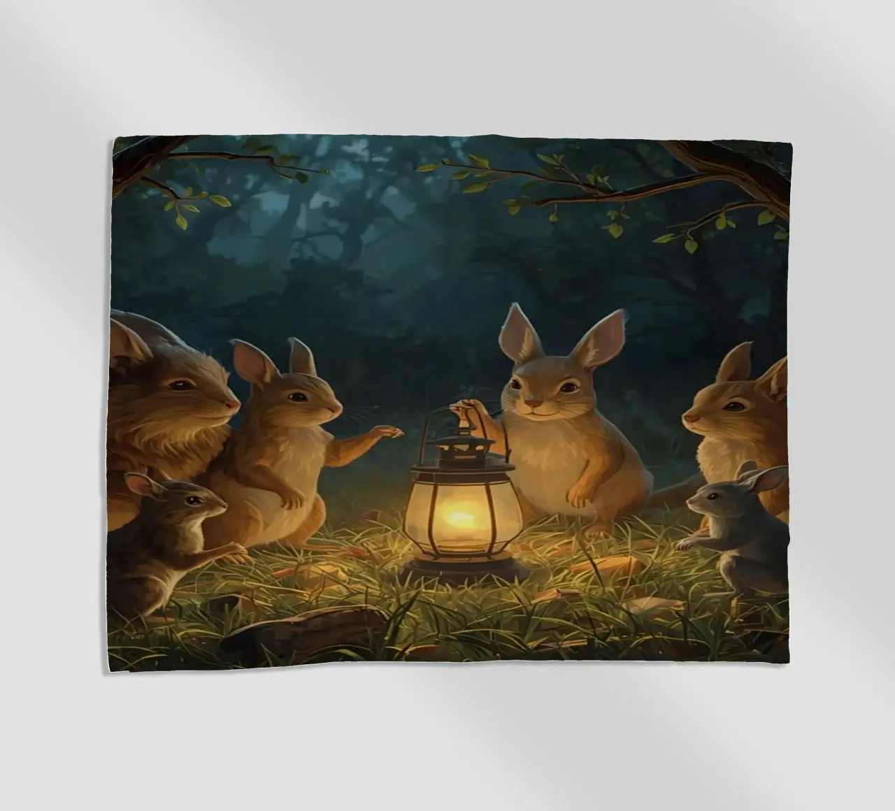 Rabbits and Squirrels Around Lantern For Story Time beach towel by DesignDoodle