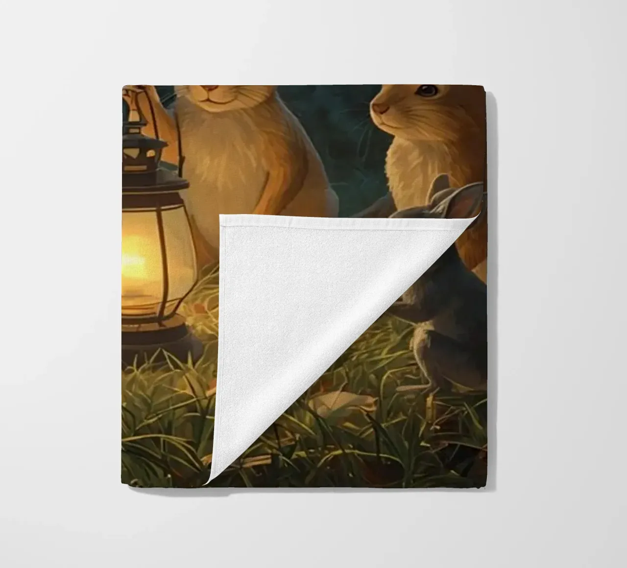 Rabbits and Squirrels Around Lantern For Story Time beach towel by DesignDoodle