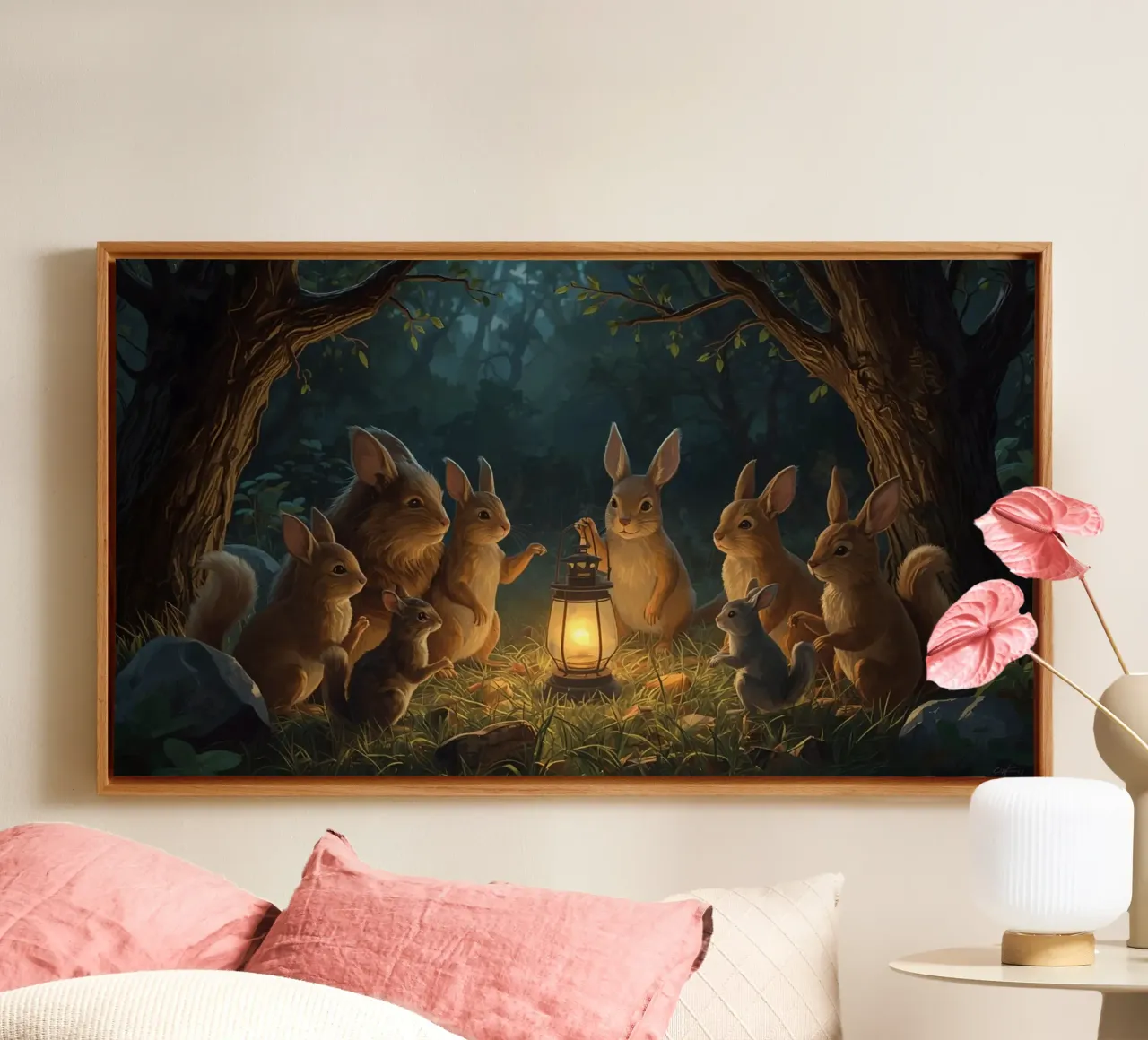 Rabbits and Squirrels Around Lantern For Story Time canvas by DesignDoodle