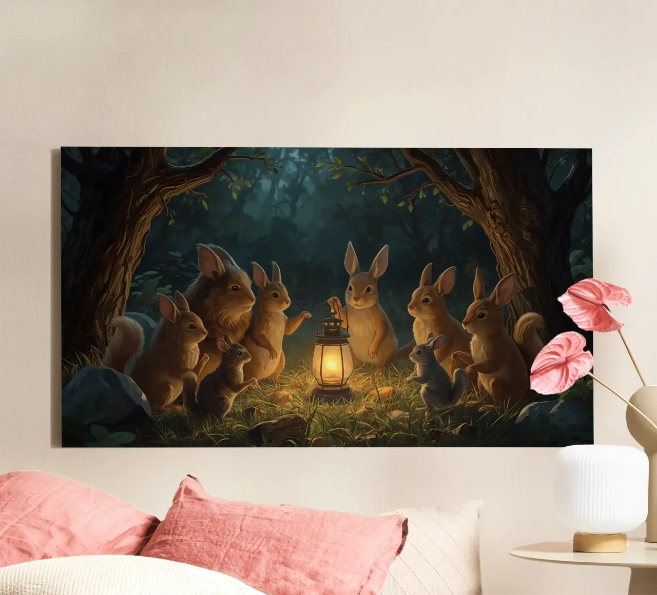 Rabbits and Squirrels Around Lantern For Story Time canvas by DesignDoodle