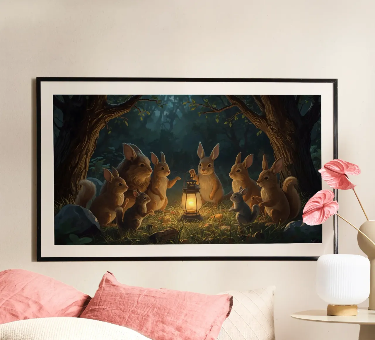 Rabbits and Squirrels Around Lantern For Story Time hahnemühle by DesignDoodle
