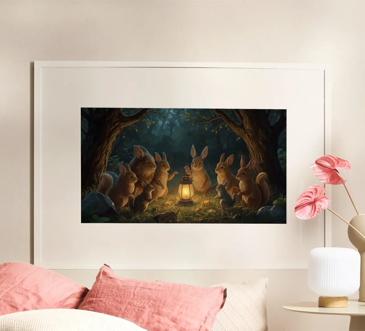 Rabbits and Squirrels Around Lantern For Story Time hahnemühle by DesignDoodle