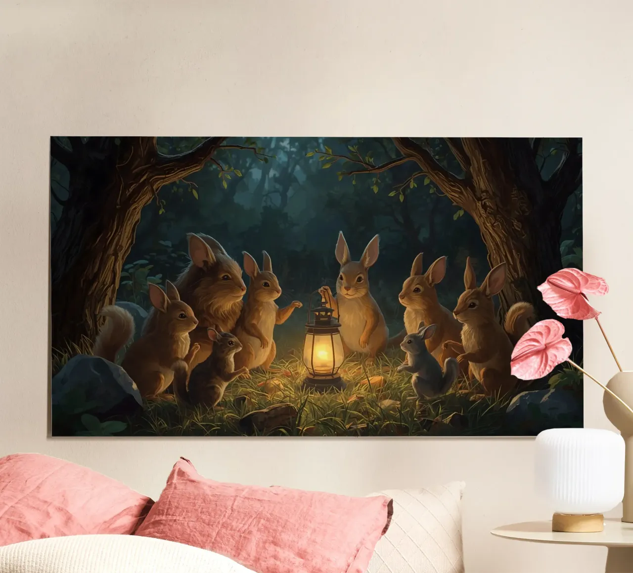 Rabbits and Squirrels Around Lantern For Story Time hahnemühle by DesignDoodle
