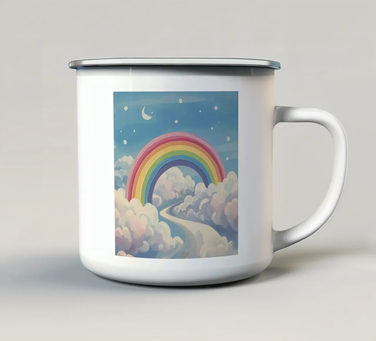 Arcobaleno sognante su sentiero di nuvole tazza in smalto da DesignDoodle