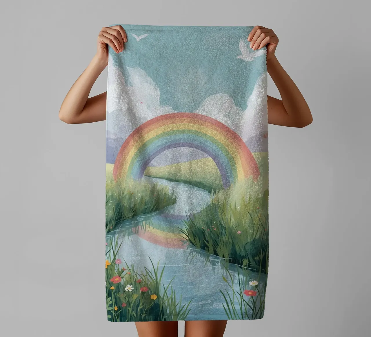 Rainbow Arch Over Stream towel by DesignDoodle