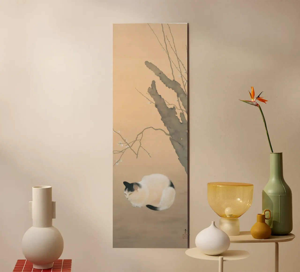 Gatto e fiori di prugno di Hayami Gyoshū alluminio dibond da Jolie Prints