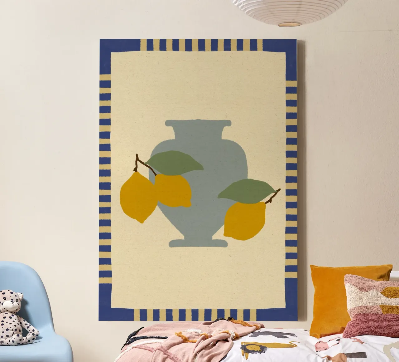 Still Life with Vase and Lemons I - Colorful Edition tela da Shatha Al Dafai
