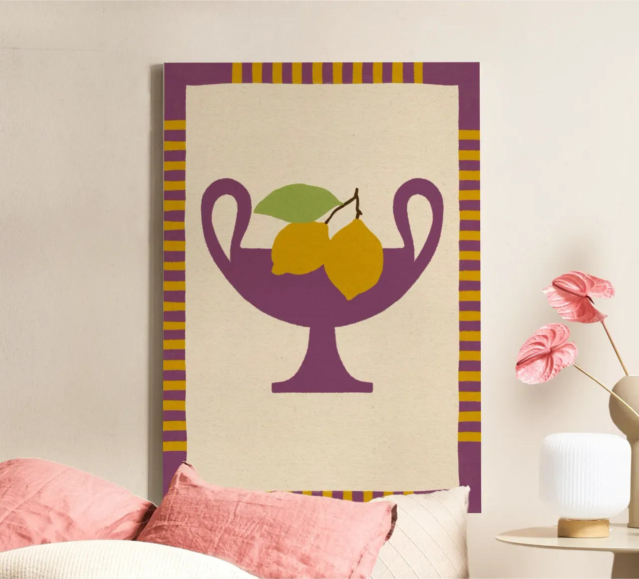 Still Life with Vase and Lemons II - Colorful Edition tela da Shatha Al Dafai
