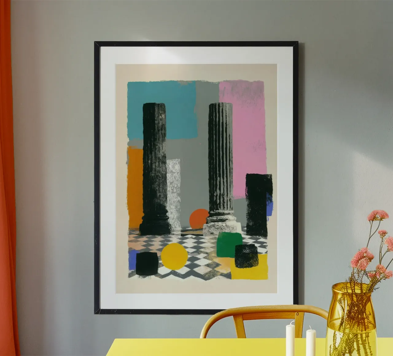 Dos columnas griegas con círculo abstracto poster de Nikis Art Studio