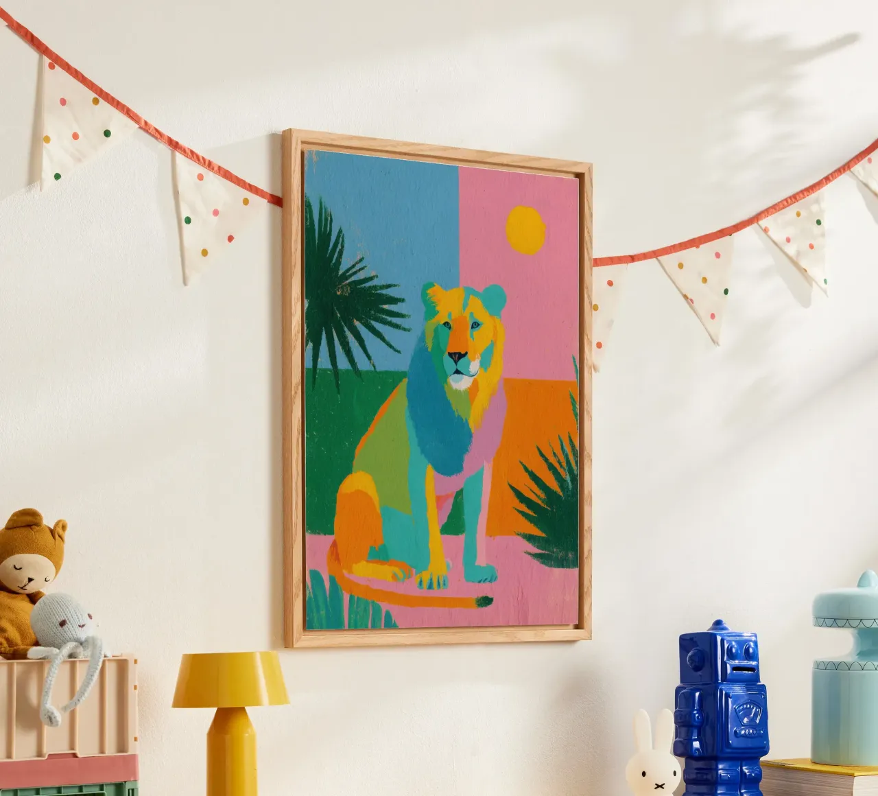Leone in colori pastello su uno sfondo tropicale plexiglass da Nikis Art Studio