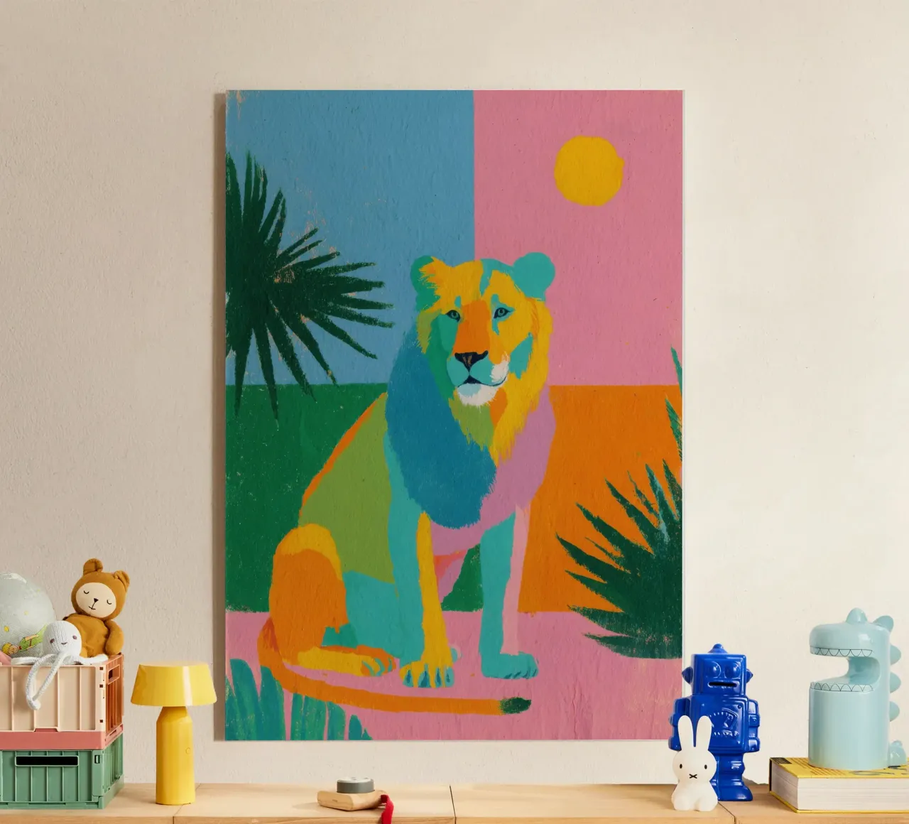 Leone in colori pastello su uno sfondo tropicale plexiglass da Nikis Art Studio