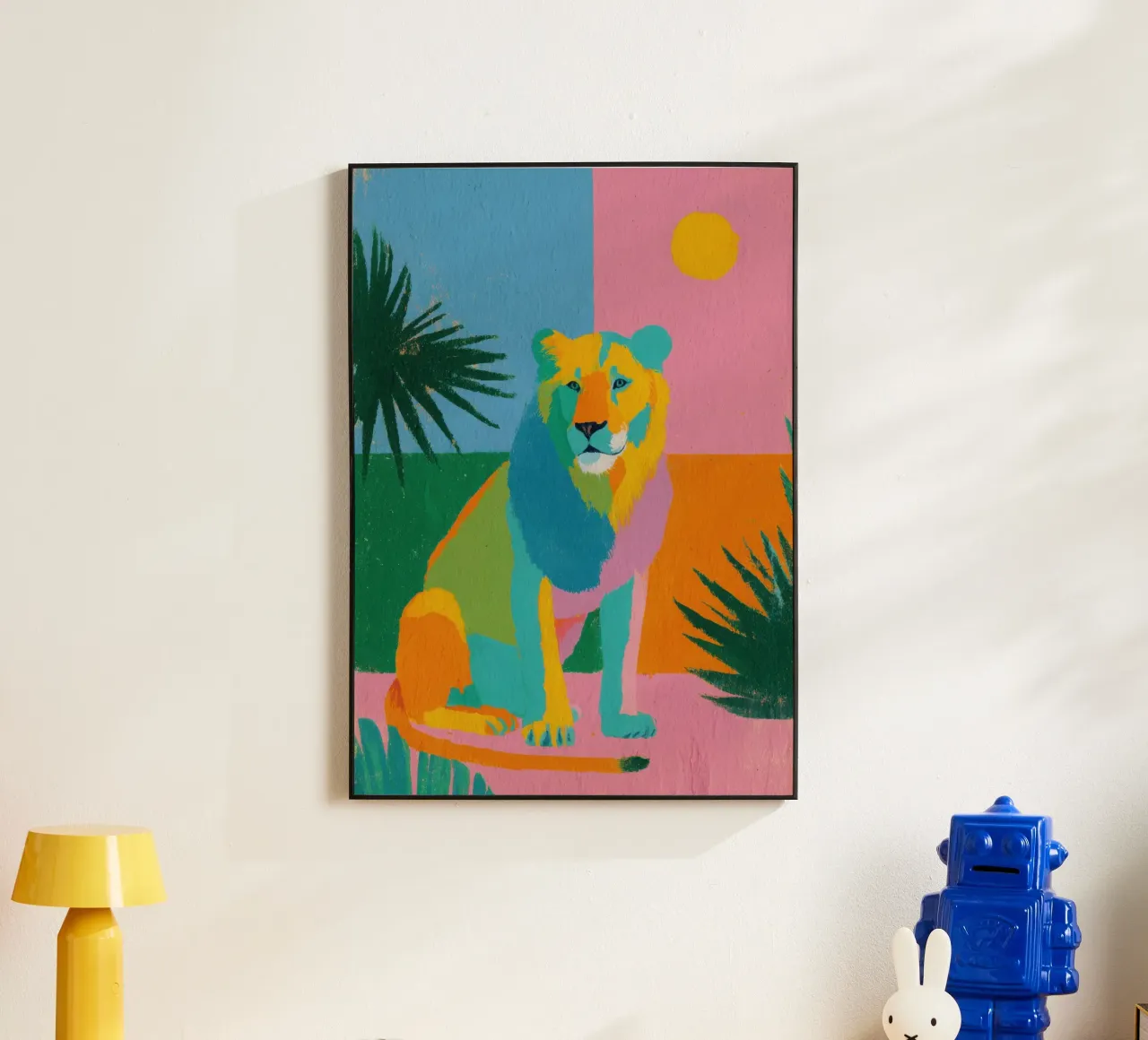 Leone in colori pastello su uno sfondo tropicale alluminio dibond da Nikis Art Studio