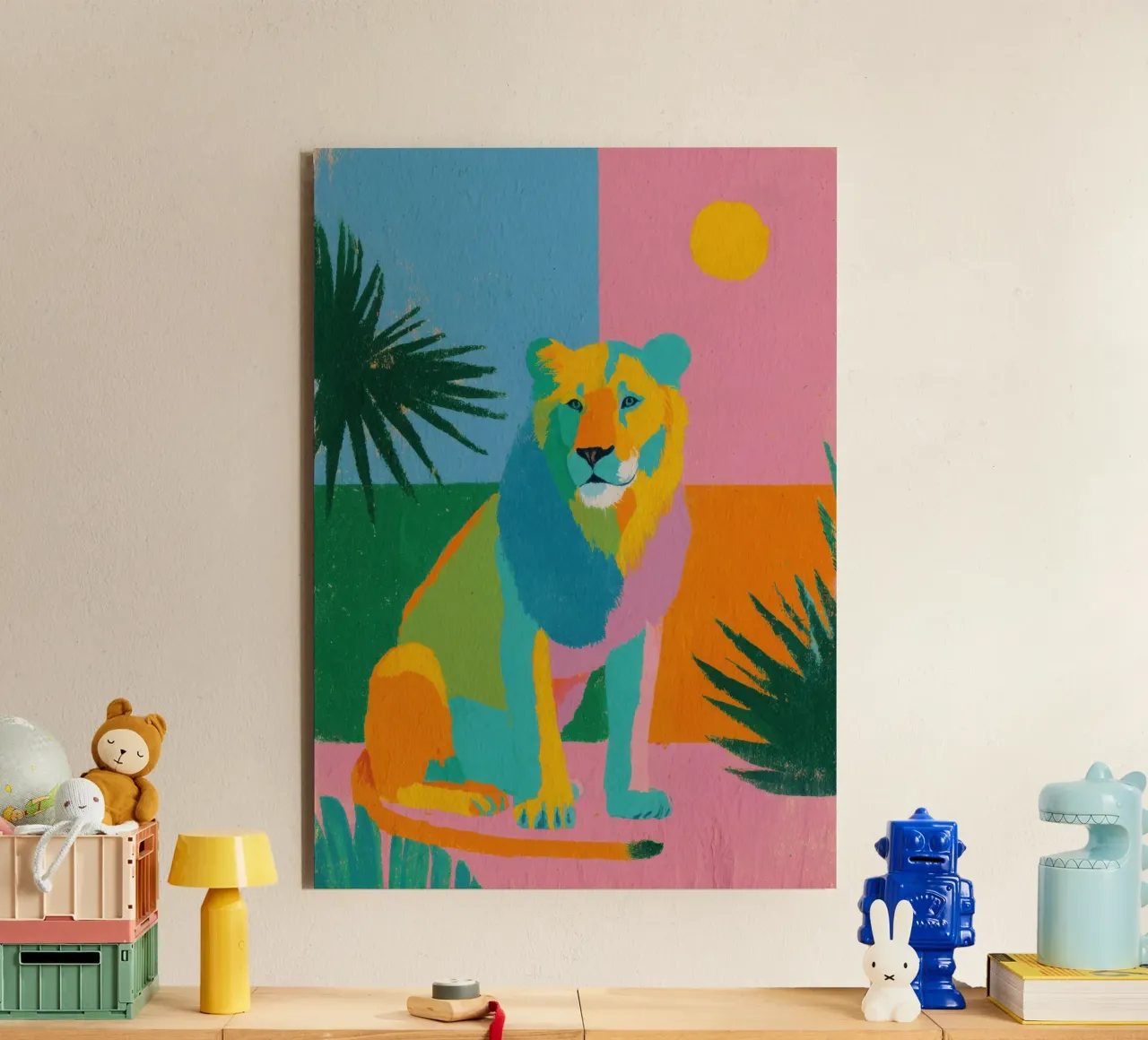 Leone in colori pastello su uno sfondo tropicale alluminio dibond da Nikis Art Studio
