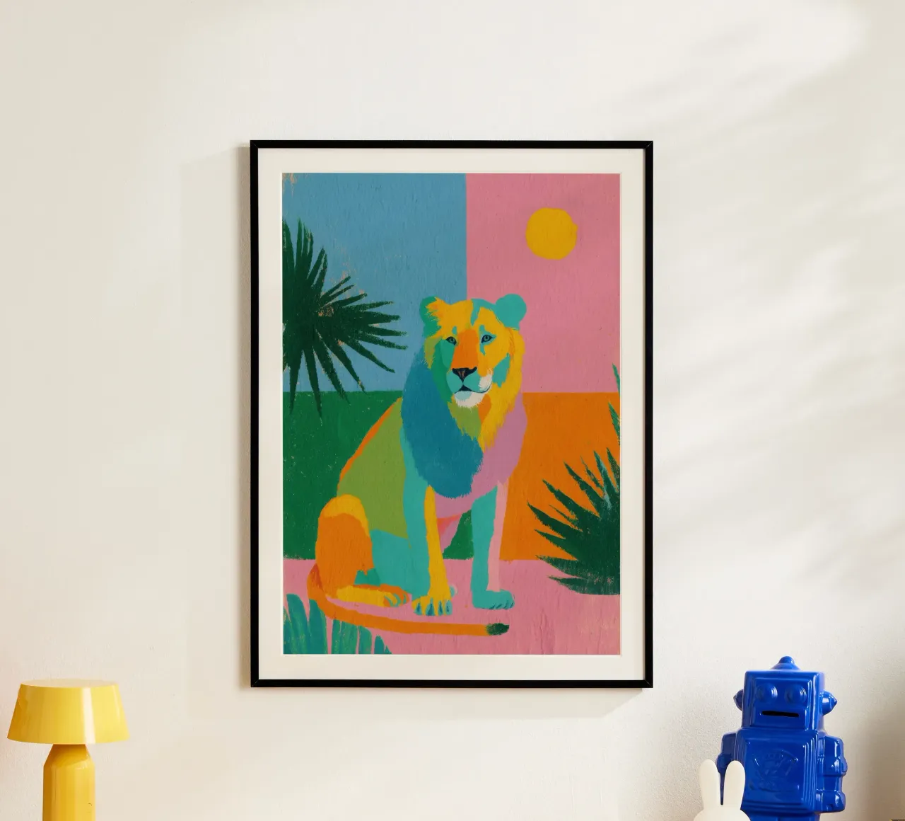 Leone in colori pastello su uno sfondo tropicale carta hahnemühle da Nikis Art Studio