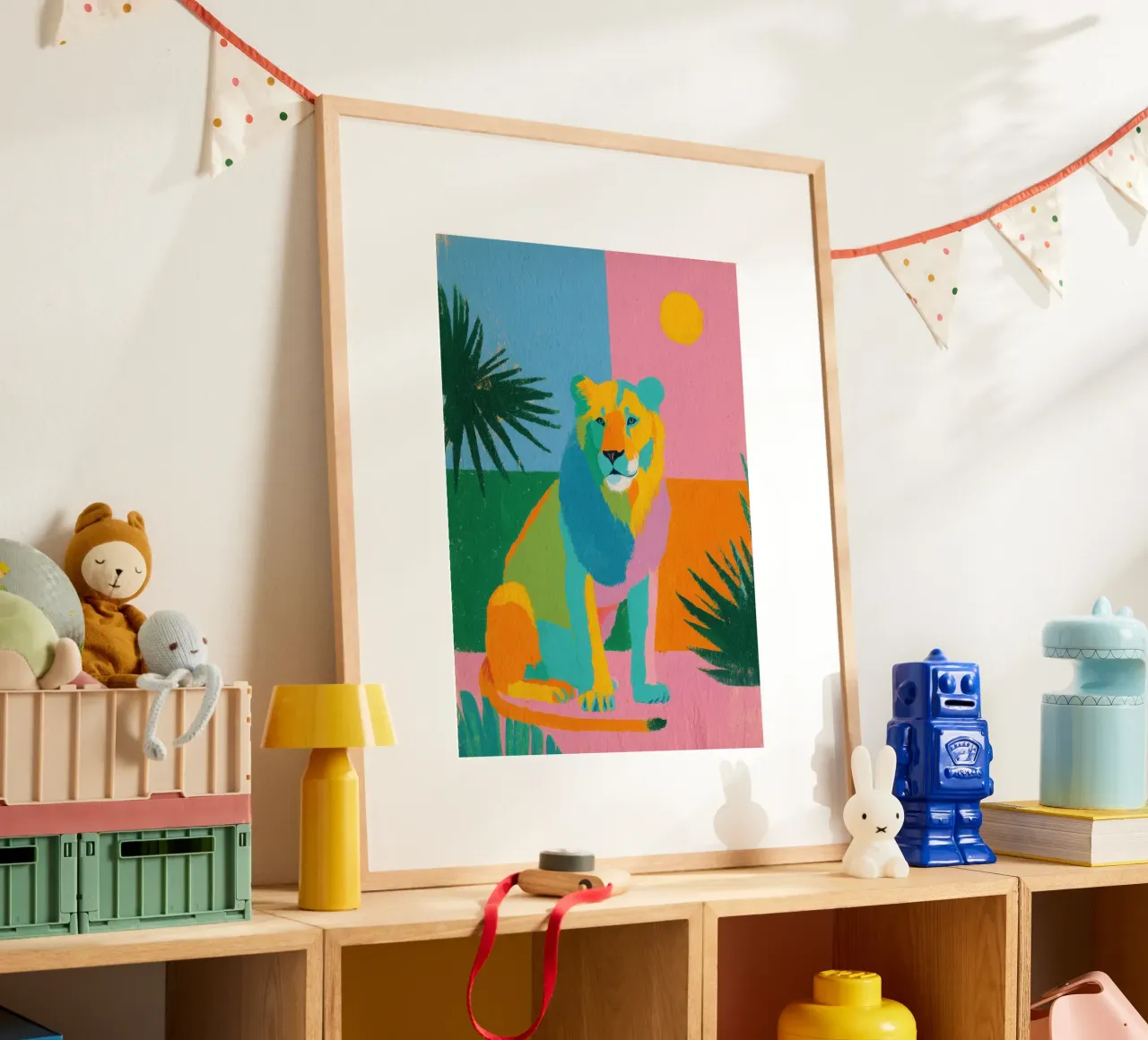 Leone in colori pastello su uno sfondo tropicale carta hahnemühle da Nikis Art Studio