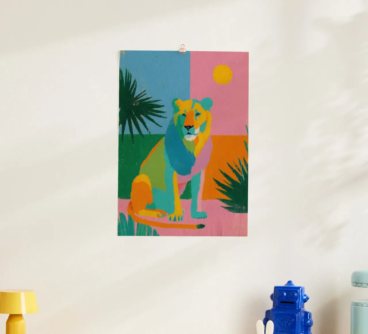 Leone in colori pastello su uno sfondo tropicale carta hahnemühle da Nikis Art Studio