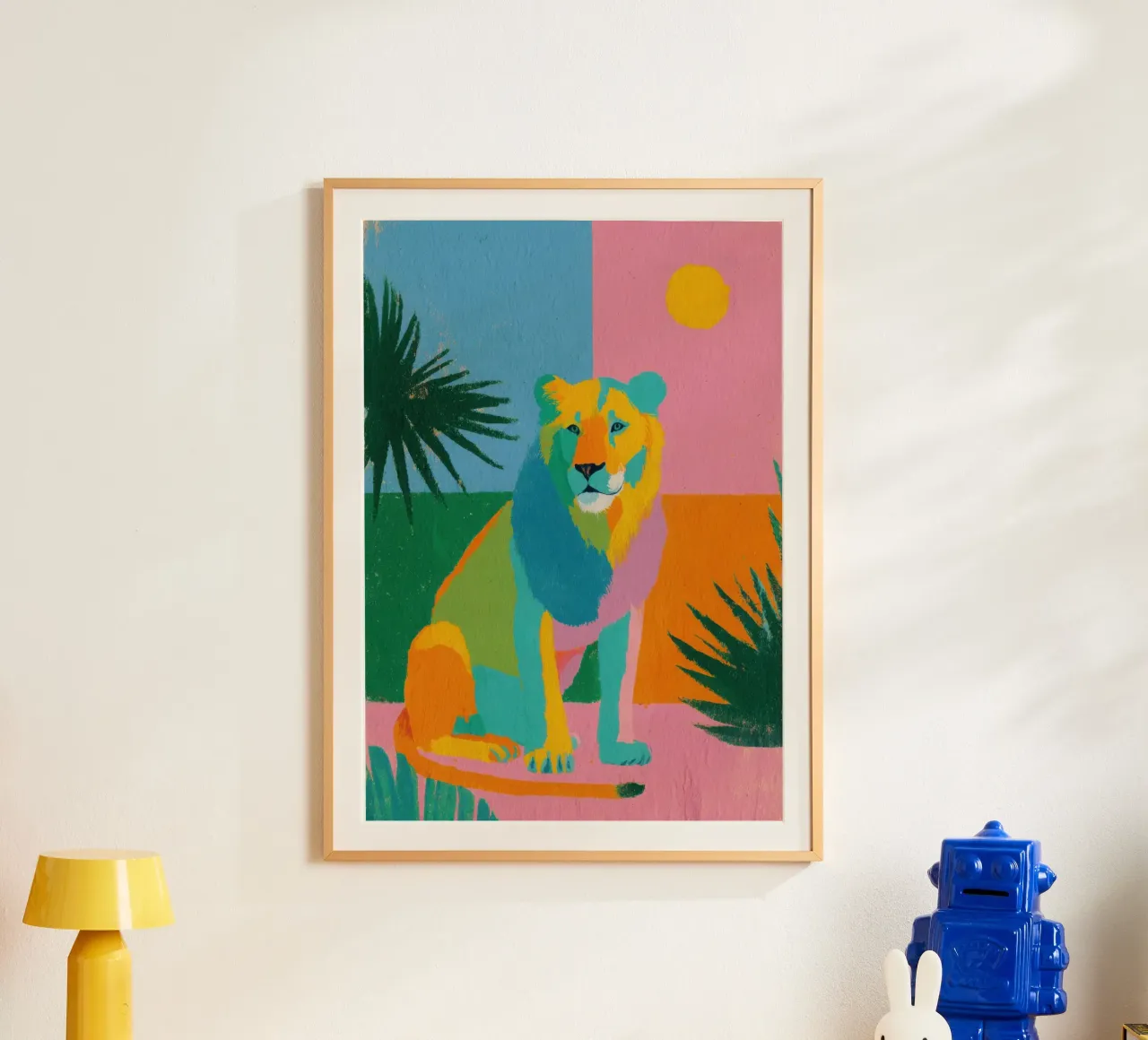 Leone in colori pastello su uno sfondo tropicale carta hahnemühle da Nikis Art Studio