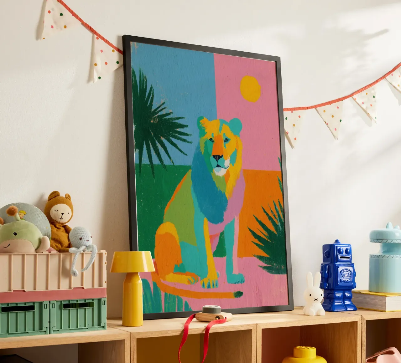 Leone in colori pastello su uno sfondo tropicale carta hahnemühle da Nikis Art Studio