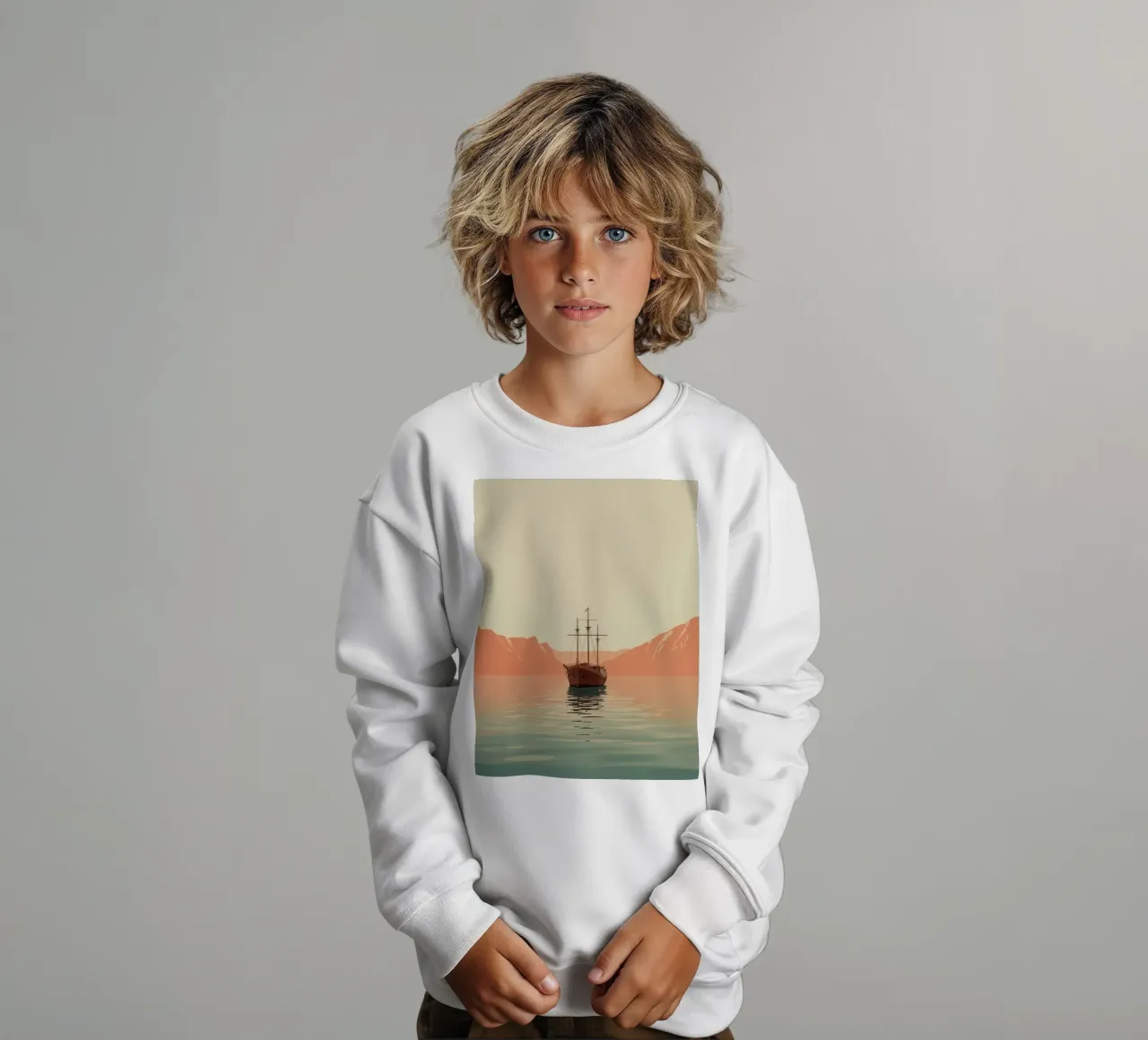 Nave a vela sull'acqua con montagne e cielo felpa bambino da DesignDoodle