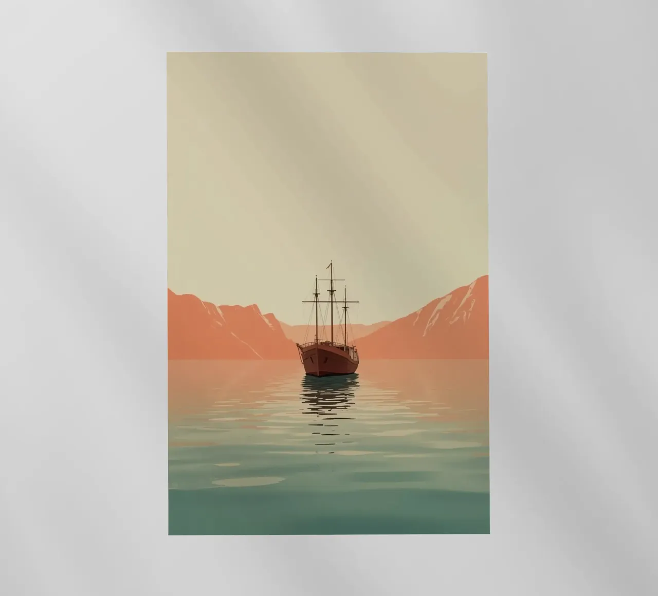 Nave a vela sull'acqua con montagne e cielo pellicola backlit da DesignDoodle