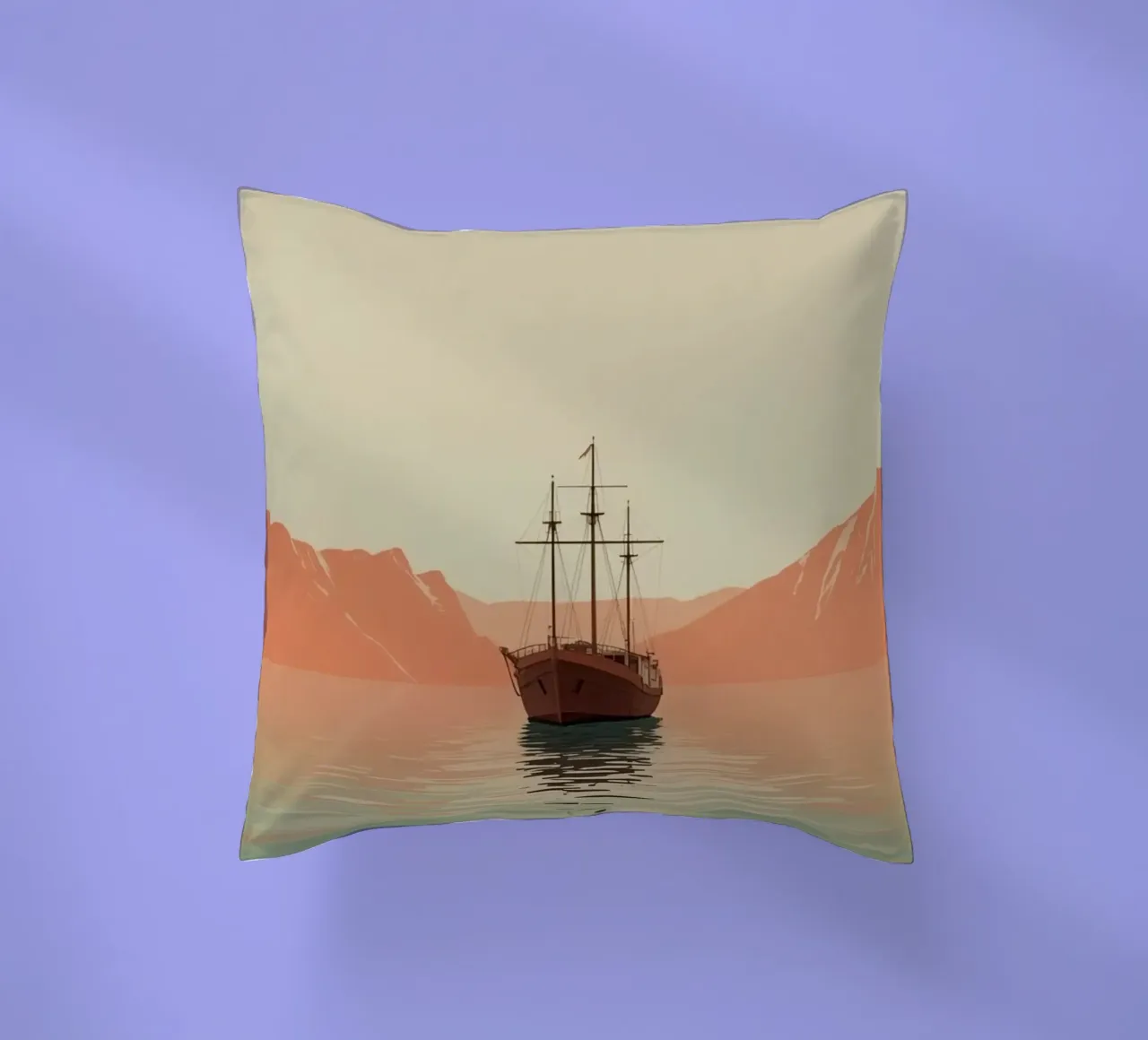 Nave a vela sull'acqua con montagne e cielo cuscino da DesignDoodle