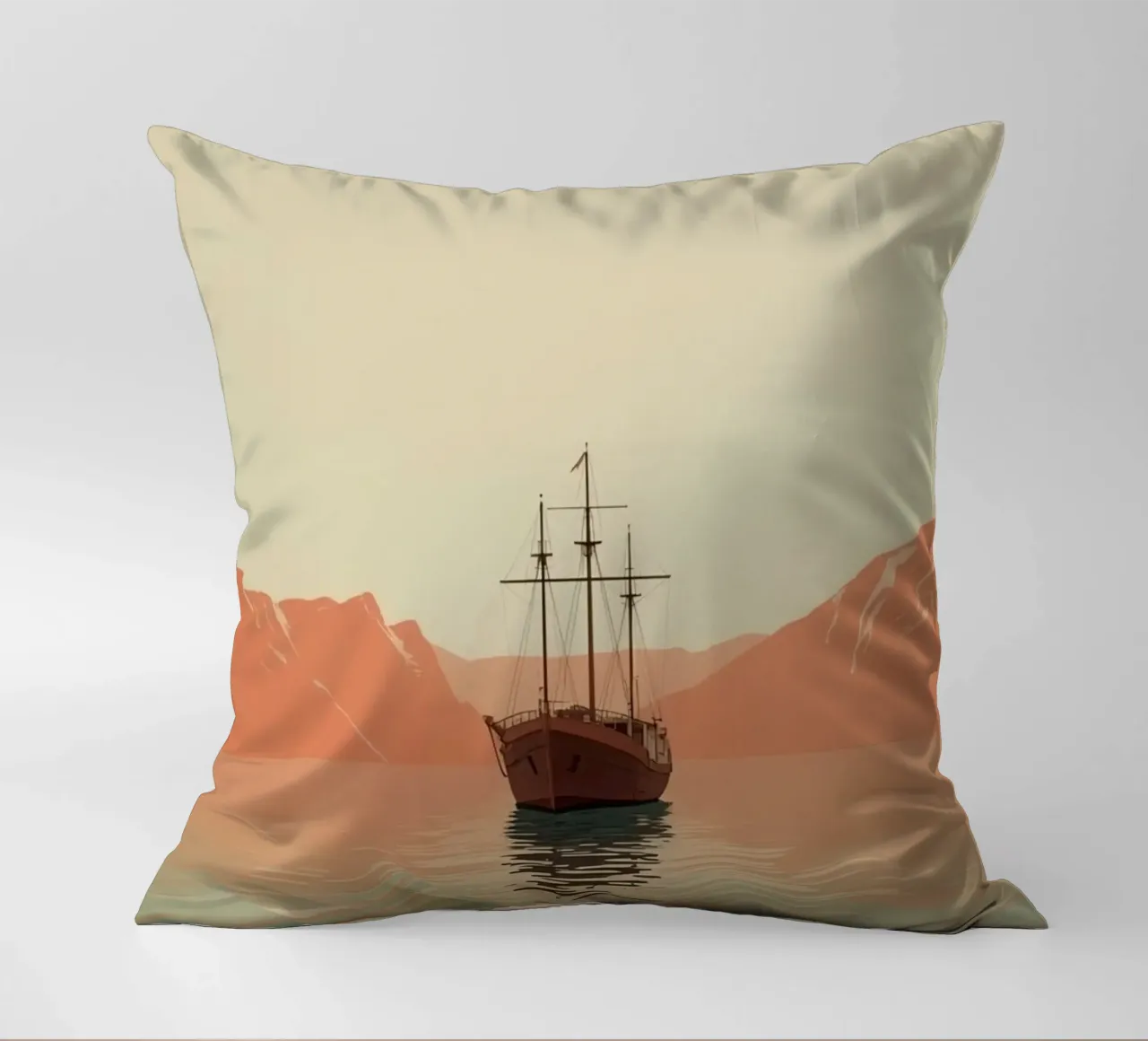 Nave a vela sull'acqua con montagne e cielo cuscino da DesignDoodle
