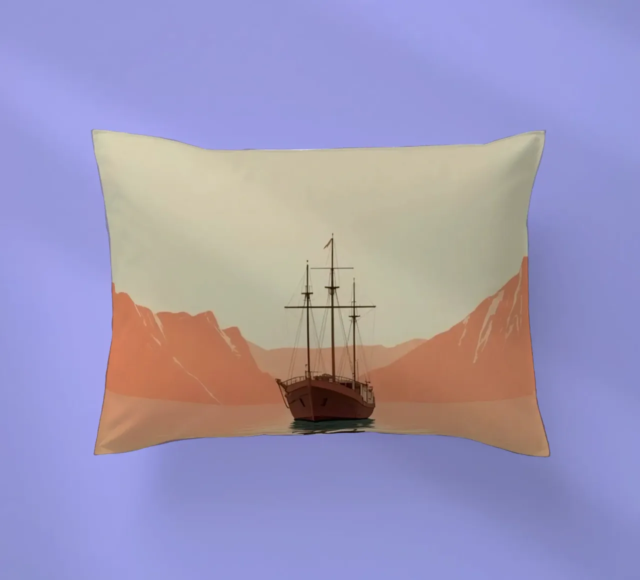 Nave a vela sull'acqua con montagne e cielo cuscino da DesignDoodle