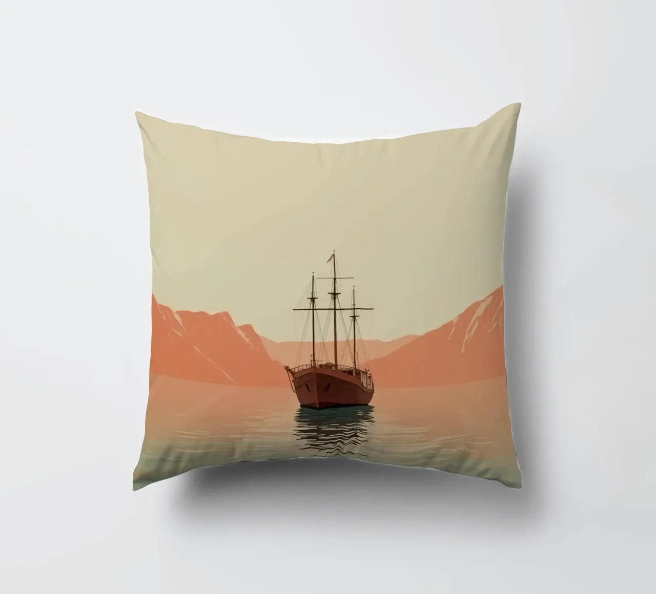 Nave a vela sull'acqua con montagne e cielo cuscino da DesignDoodle
