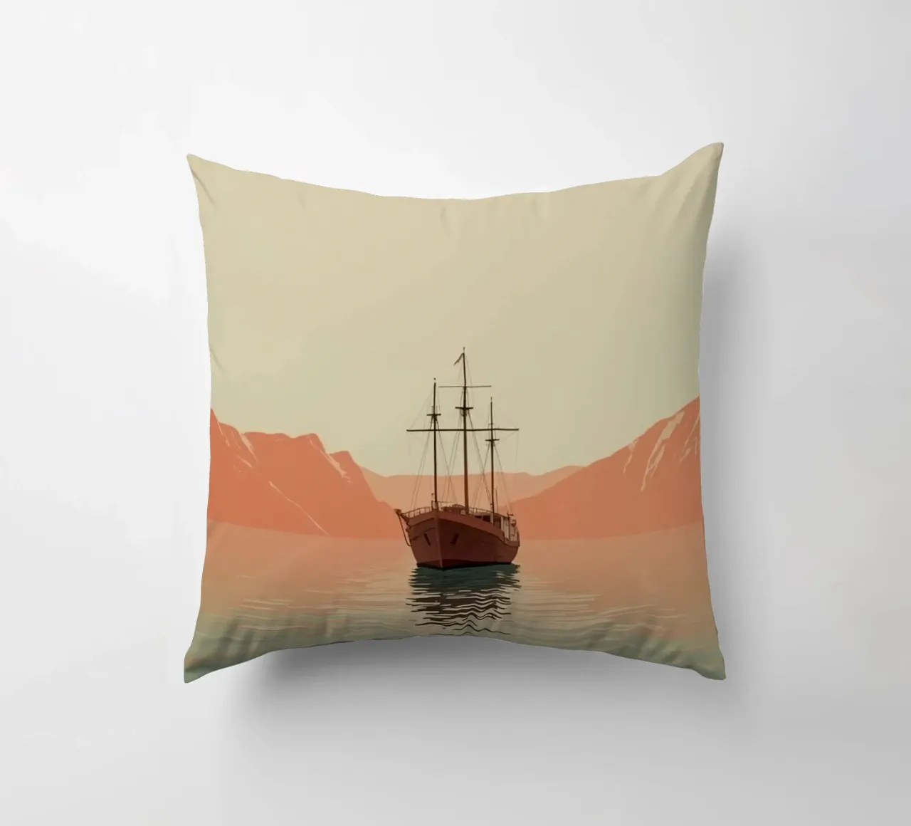 Nave a vela sull'acqua con montagne e cielo cuscino da DesignDoodle