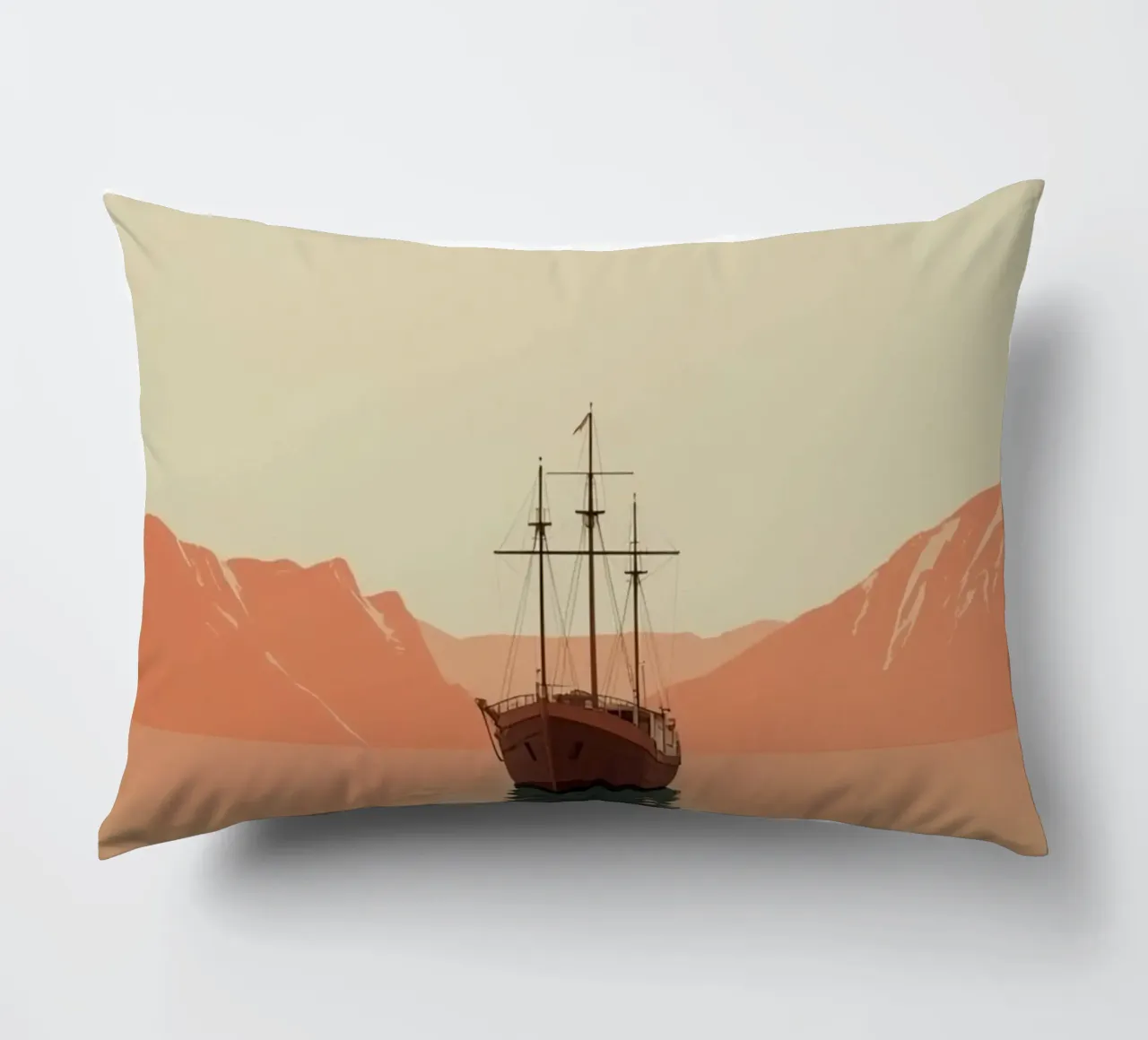 Nave a vela sull'acqua con montagne e cielo cuscino da DesignDoodle