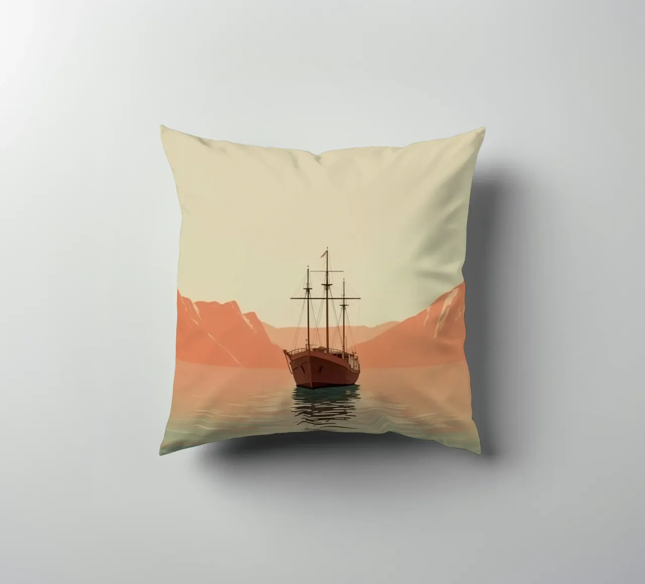 Nave a vela sull'acqua con montagne e cielo cuscino da DesignDoodle