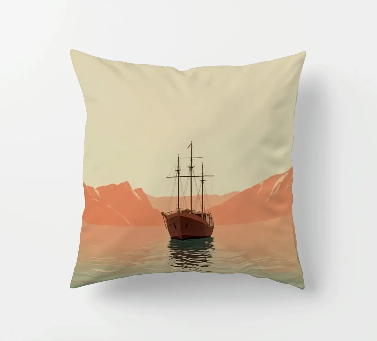 Nave a vela sull'acqua con montagne e cielo cuscino da DesignDoodle