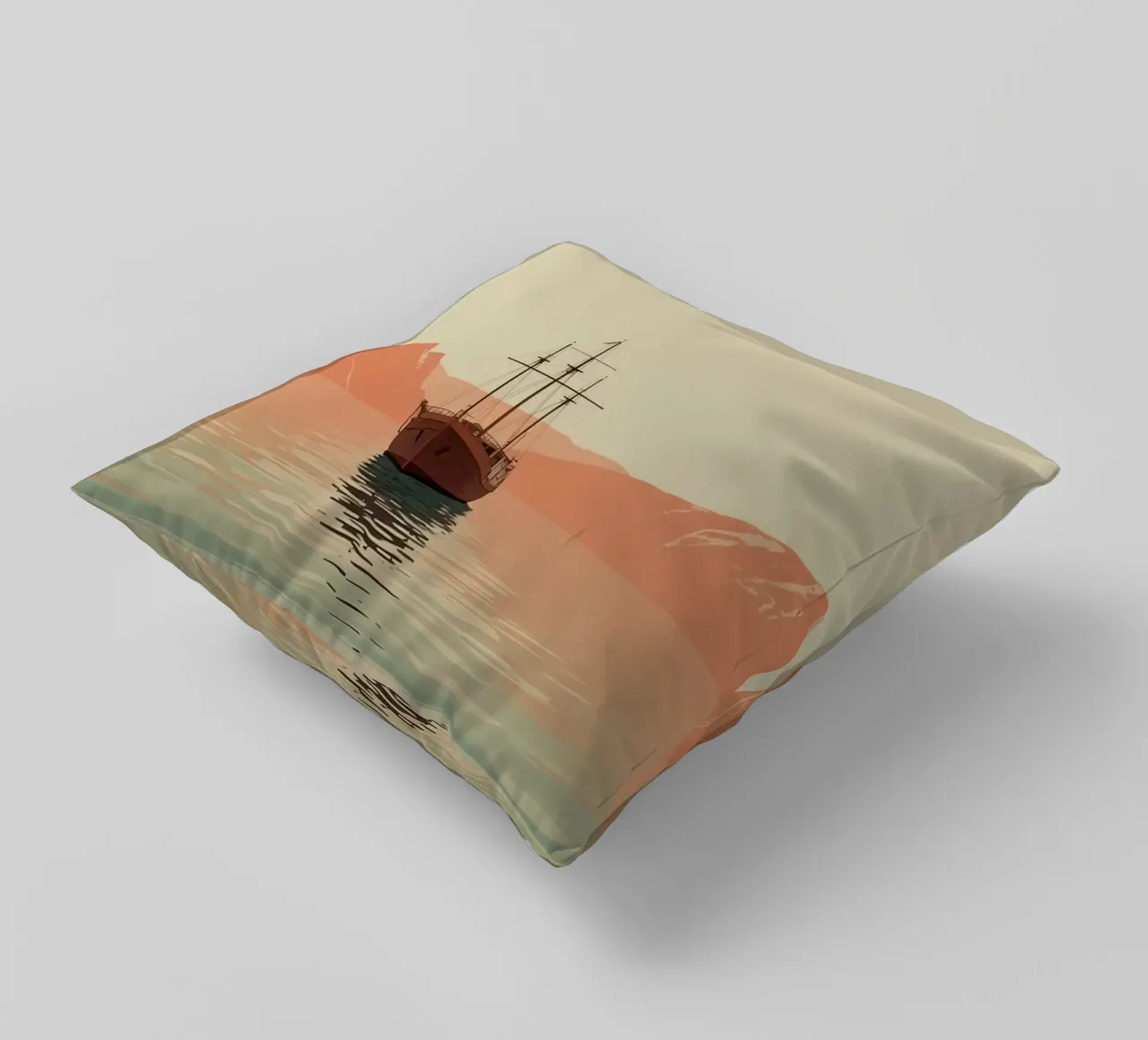 Nave a vela sull'acqua con montagne e cielo cuscino da DesignDoodle