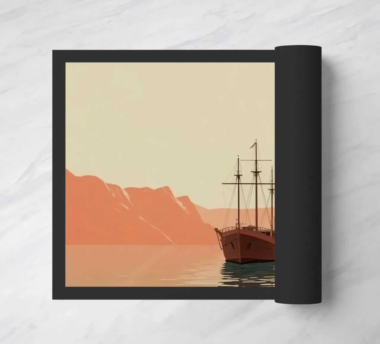 Nave a vela sull'acqua con montagne e cielo zerbino da DesignDoodle