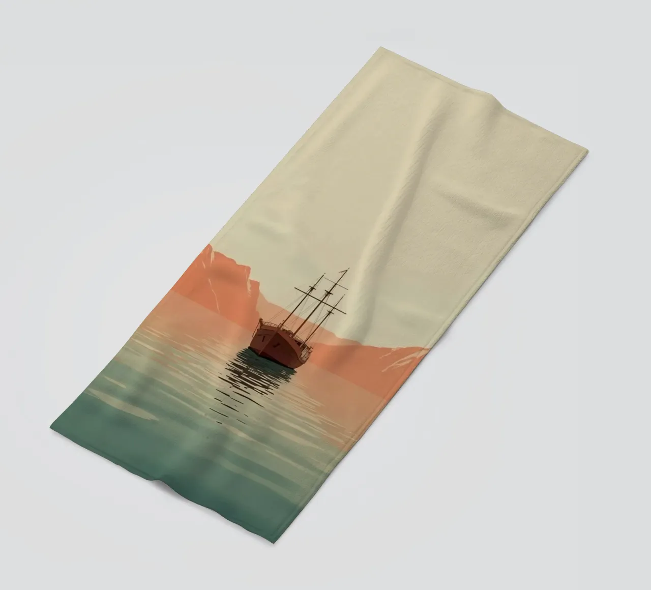 Nave a vela sull'acqua con montagne e cielo telo mare da DesignDoodle