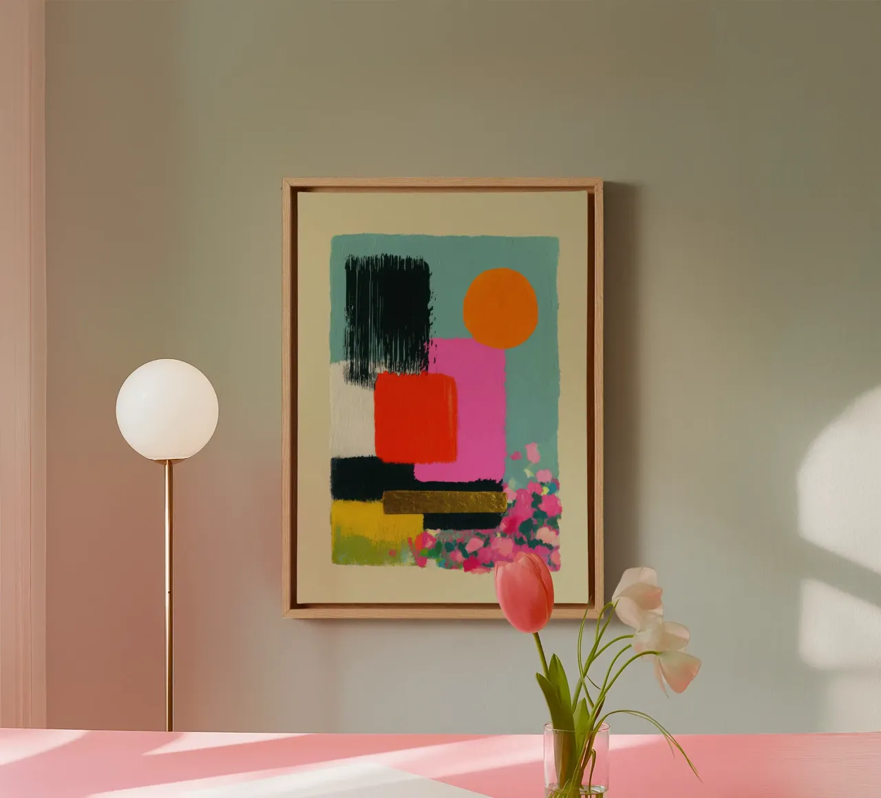 Abstracte compositie in roze en oranje canvas van Nikis Art Studio