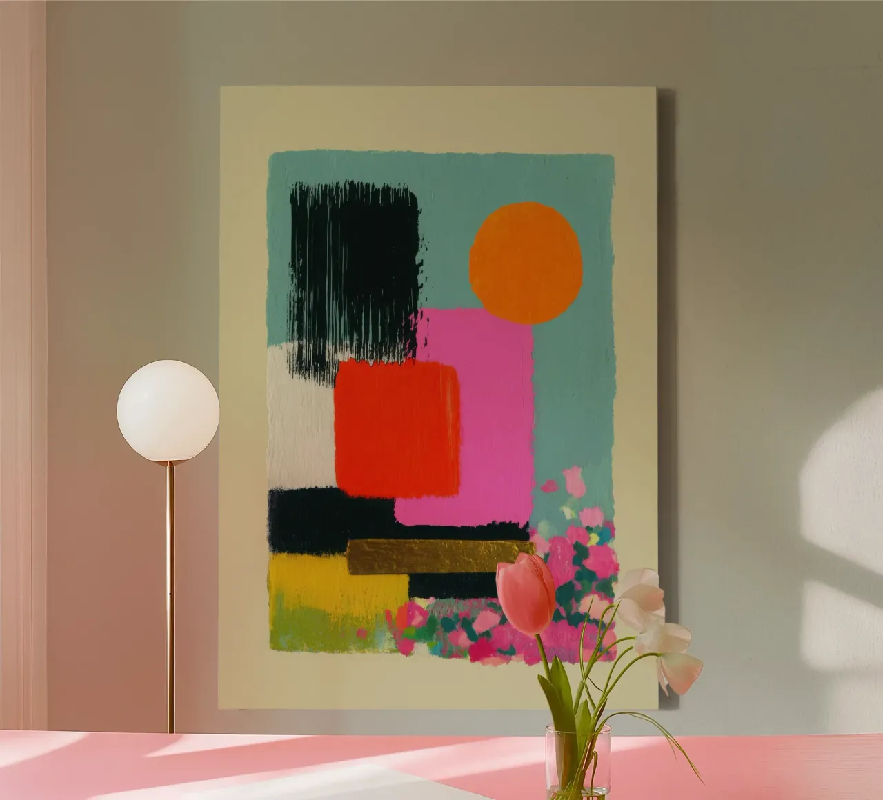 Abstracte compositie in roze en oranje canvas van Nikis Art Studio