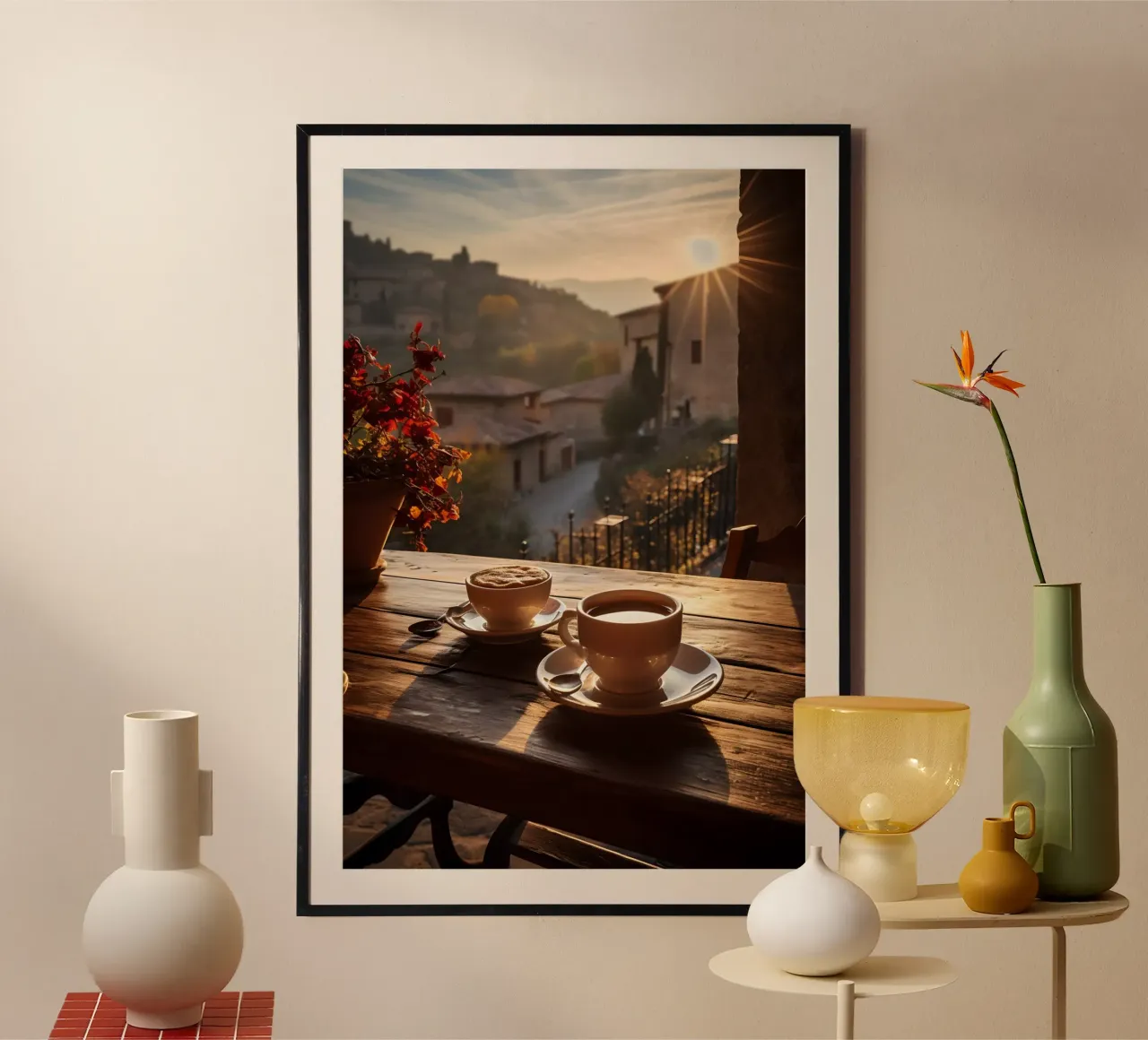 Caffè alla finestra poster con telaio in plastica da M-Ulrich-Digital Art