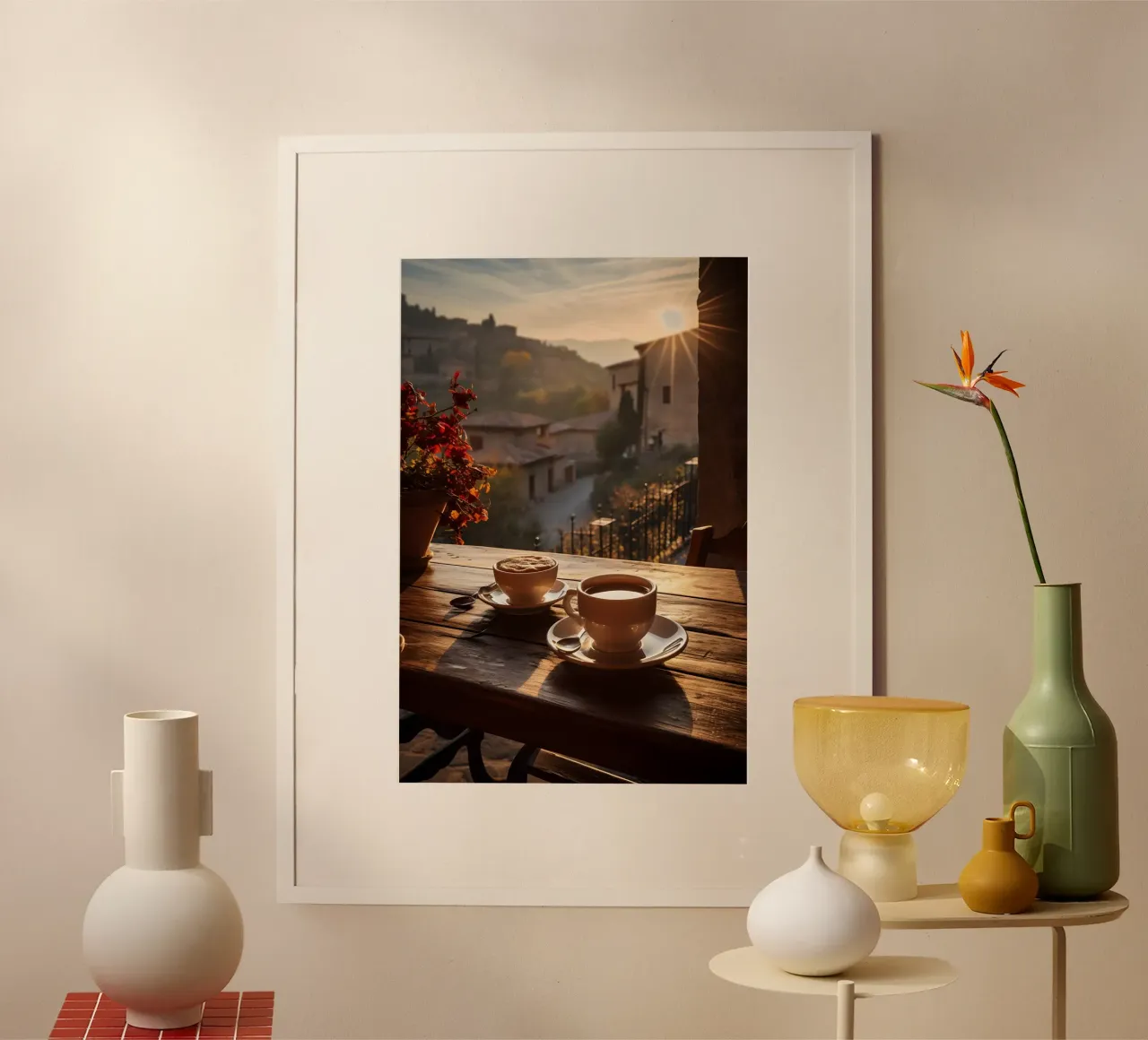 Caffè alla finestra poster con telaio in plastica da M-Ulrich-Digital Art