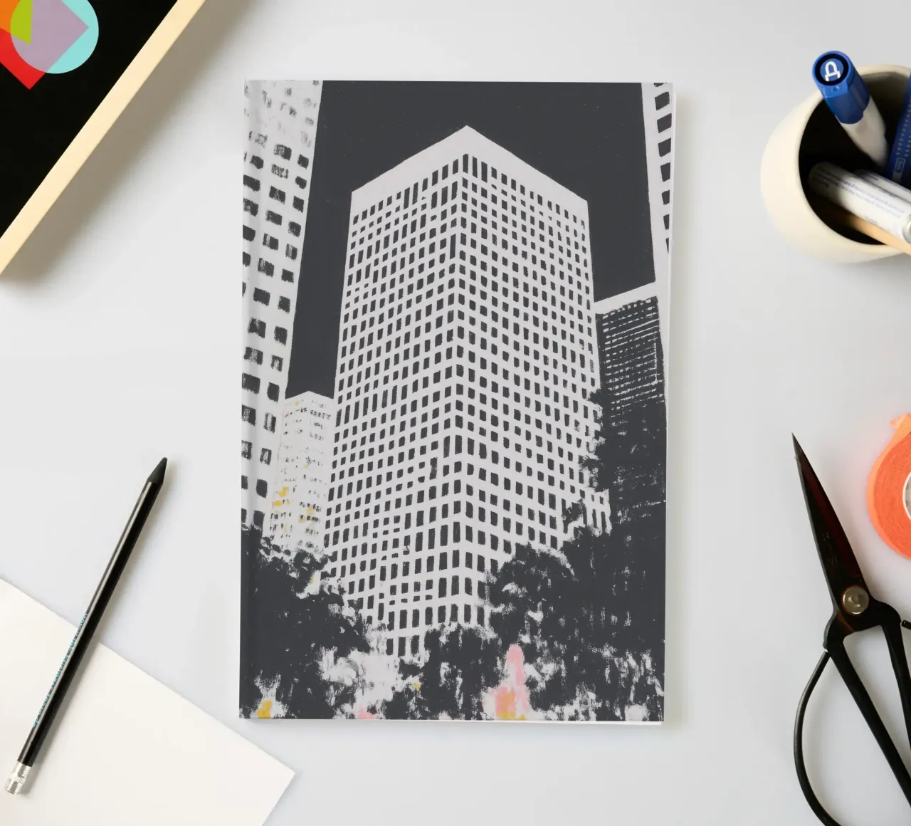 Risograph cityscape with skyscraper & trees notebook by Nikis Art Studio