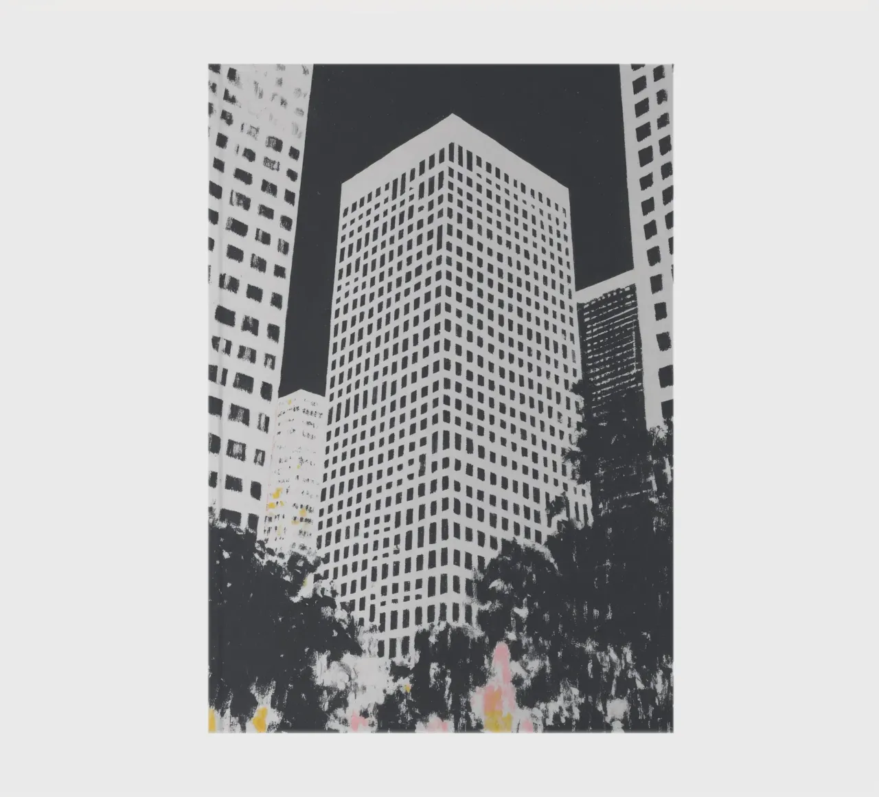 Risograph cityscape with skyscraper & trees notebook by Nikis Art Studio
