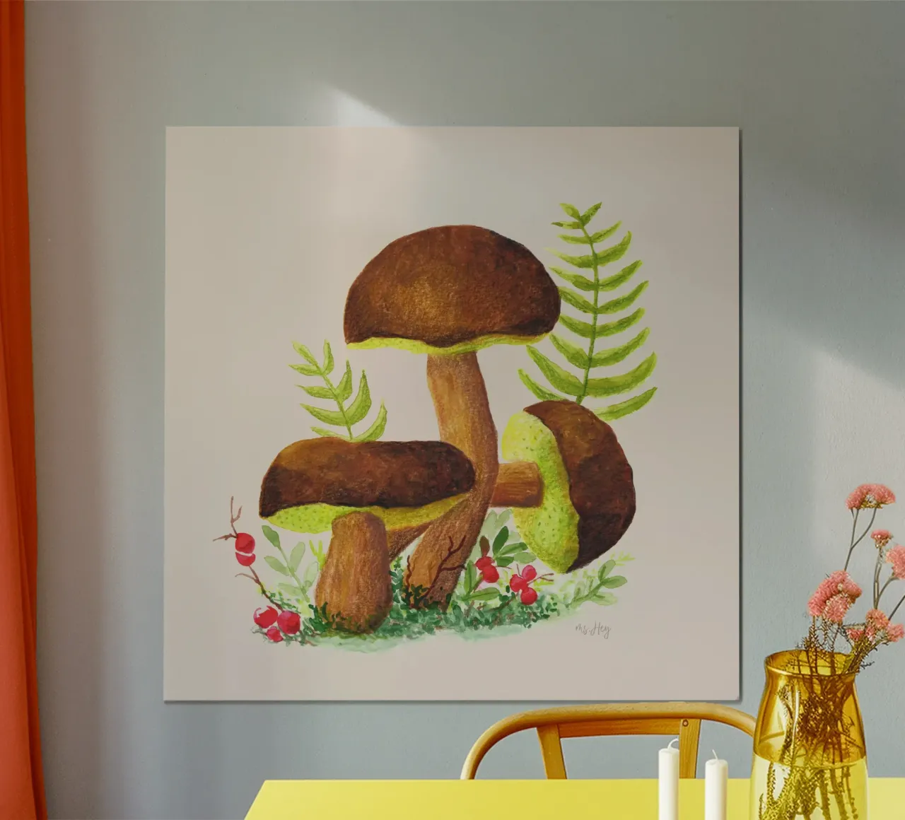 Chestnut mushroom , Brown mushrooms - Watercolour illustration poster with plastic frame by ms.Hey! textildesign