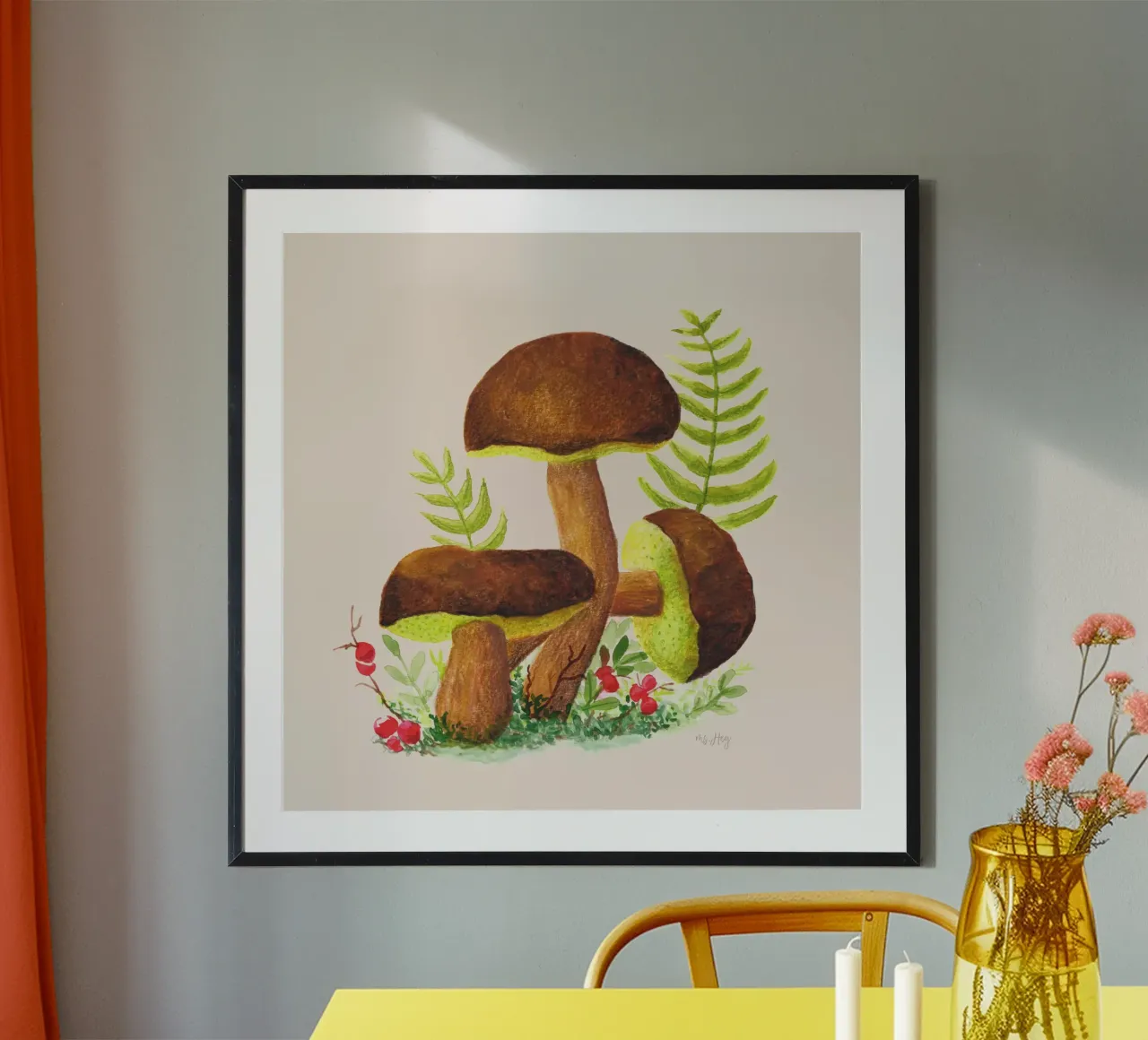 Chestnut mushroom , Brown mushrooms - Watercolour illustration poster with plastic frame by ms.Hey! textildesign