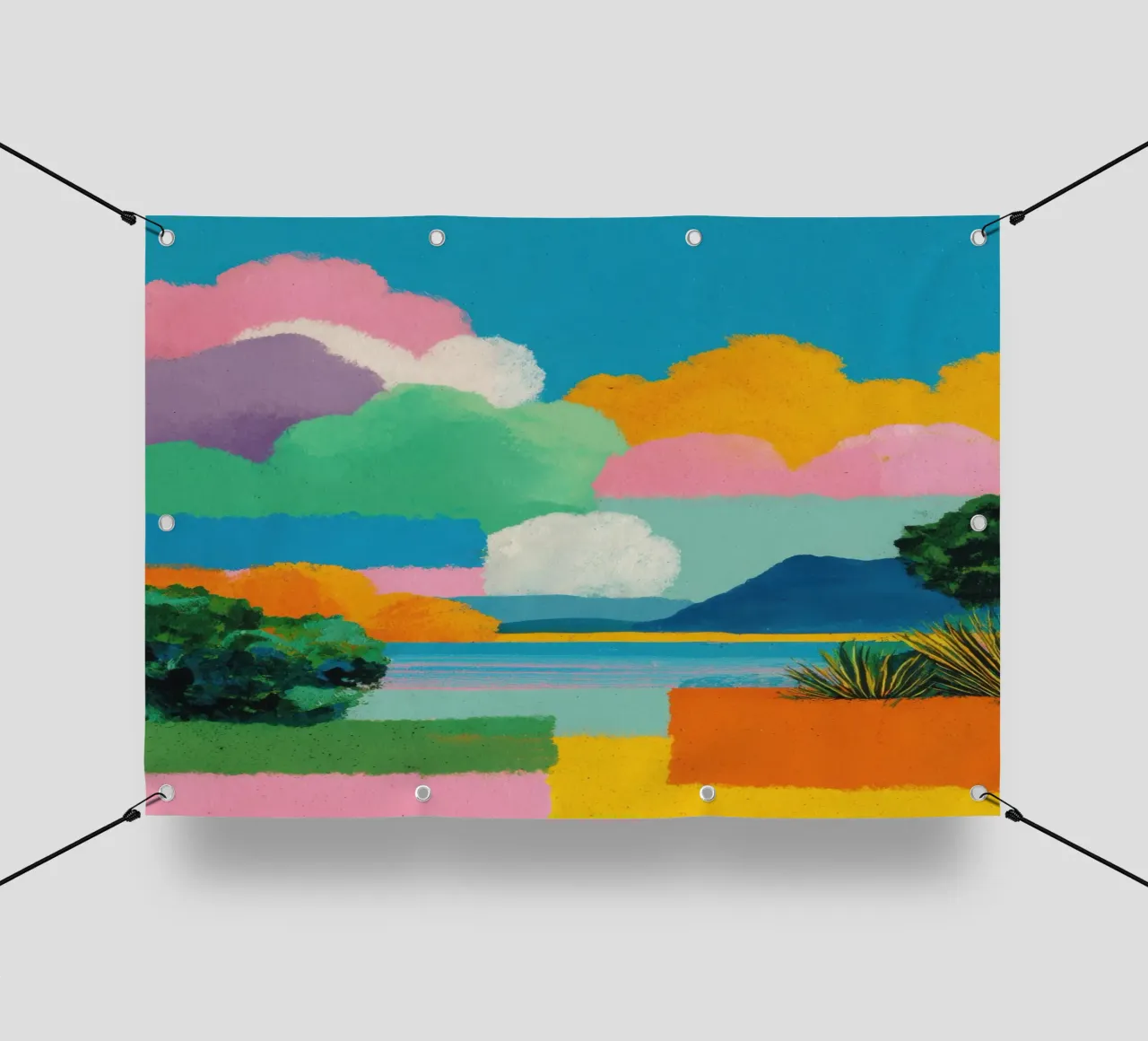 Paesaggio colorato con lago e nuvole telo in pvc da Nikis Art Studio
