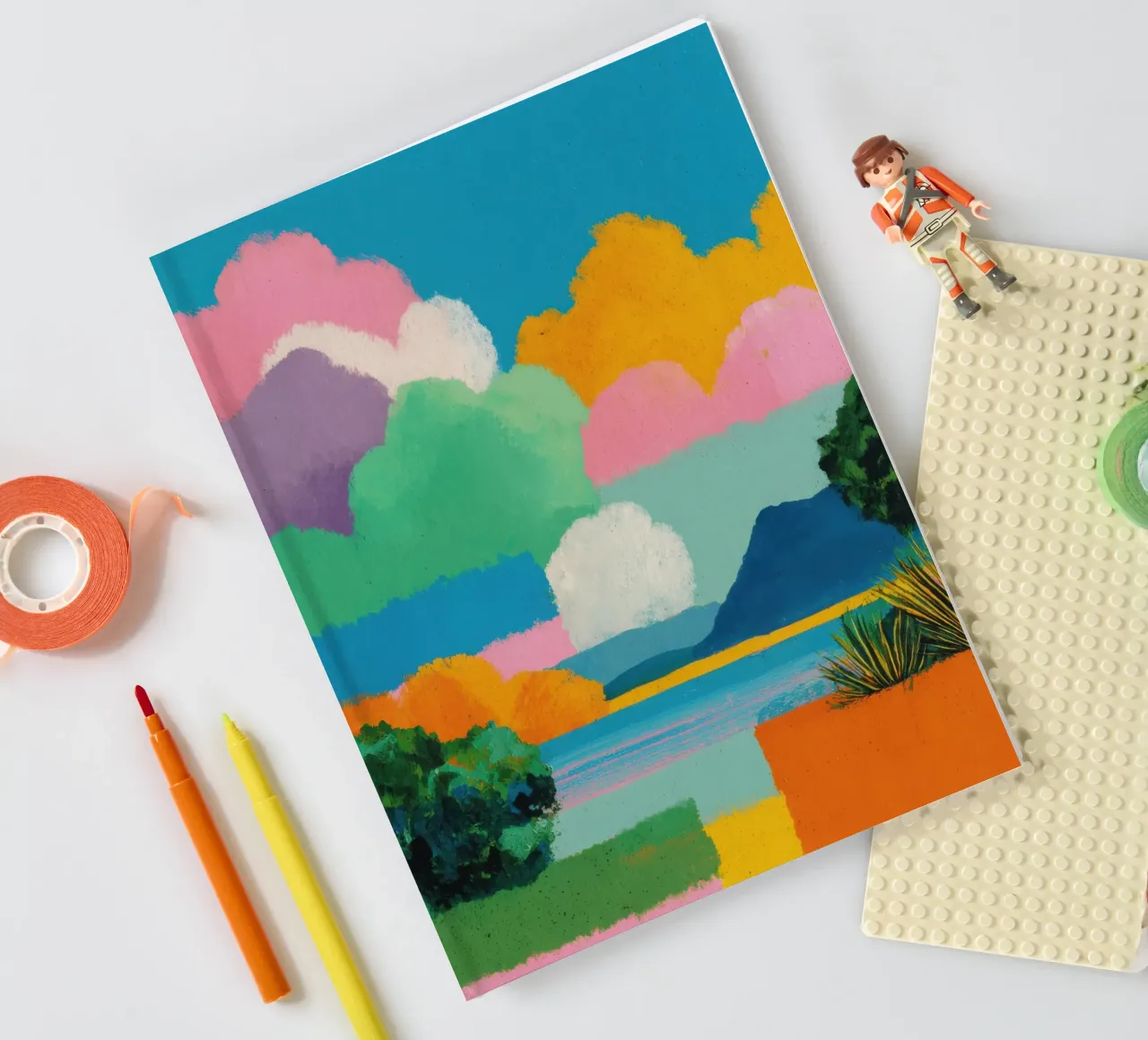 Colourful landscape with lake & clouds notebook by Nikis Art Studio